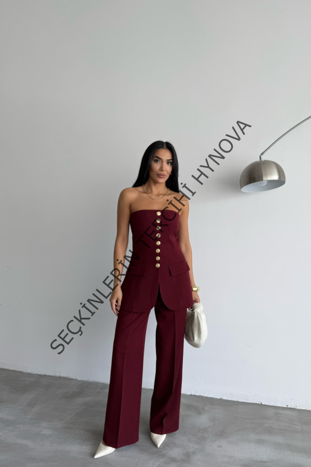 TASARIM GOLD DÜĞMELİ STRAPLEZYELEK - Bordo