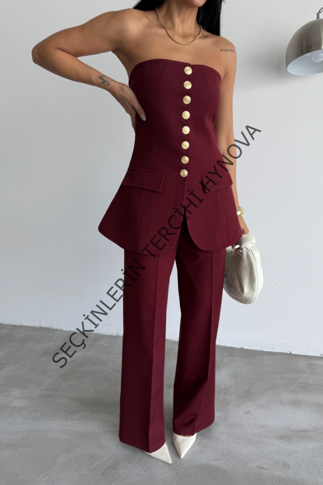 TASARIM GOLD DÜĞMELİ STRAPLEZYELEK - Bordo
