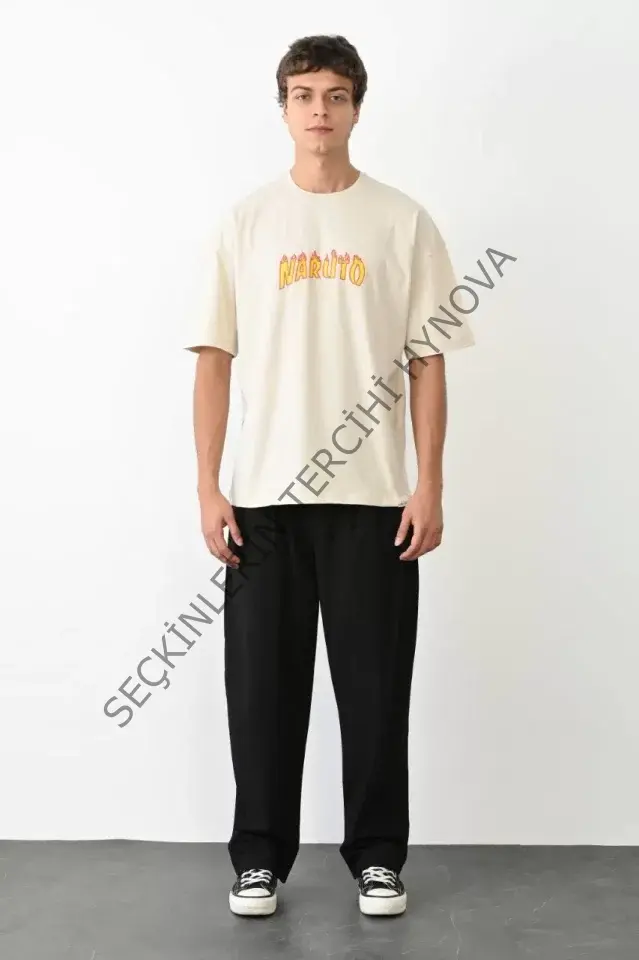 Unisex Bisiklet Yaka Baskılı Oversize T-Shirt - Beyaz