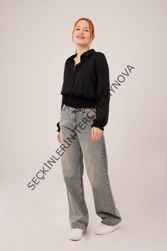 Bel Ve Bilek Lastikli Siyah Bluz