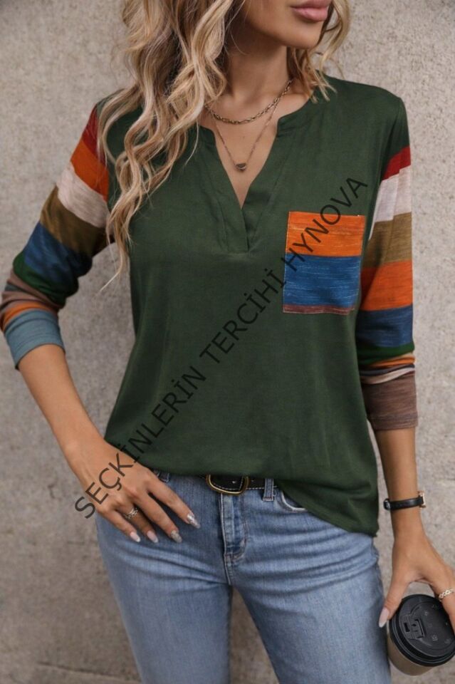 Kadın Uzun Kollu V Yakalı Cepli çok Renkli Viskon Bluz
