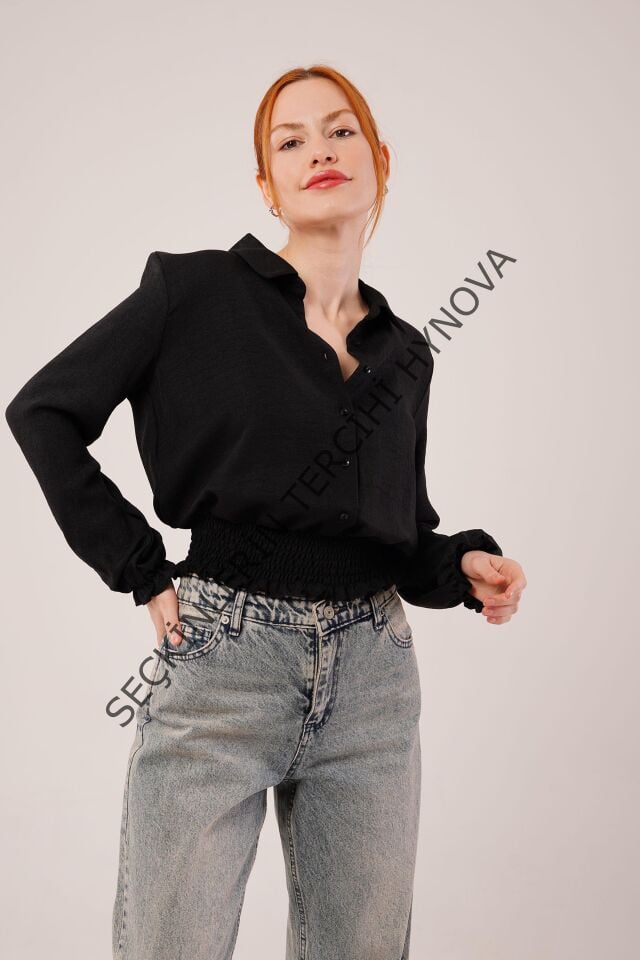 Bel Ve Bilek Lastikli Siyah Bluz