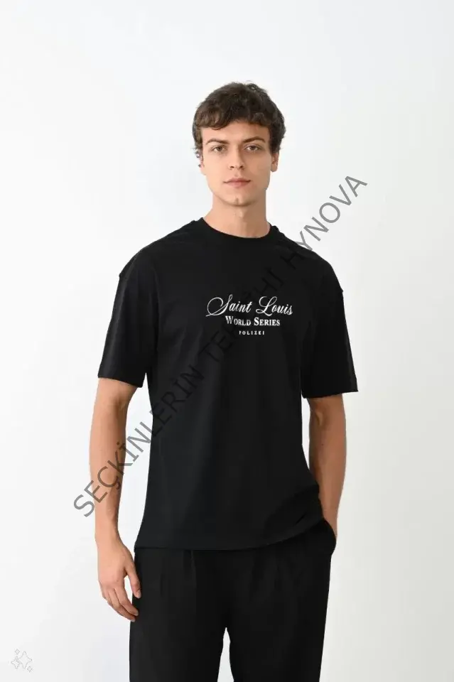 Unisex Bisiklet Yaka Baskılı Oversize T-Shirt - Siyah