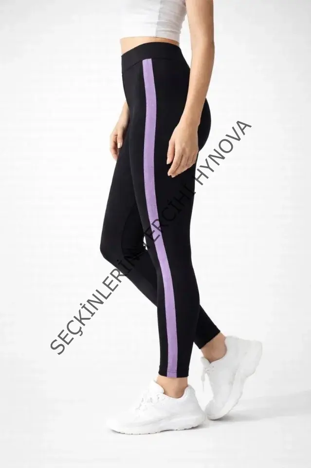Likralı Yan Lila Şeritli Detaylı Tayt - Siyah