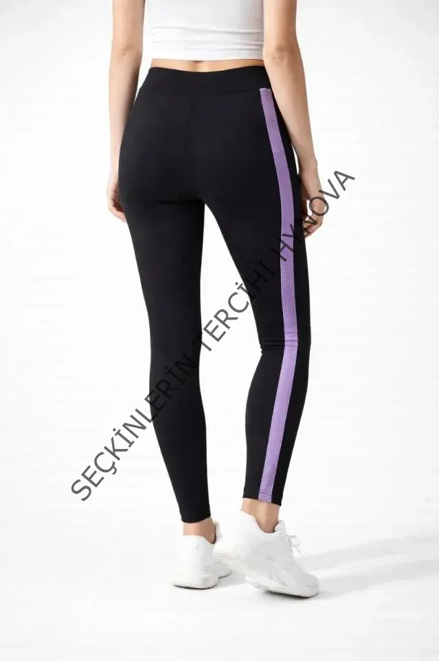 Likralı Yan Lila Şeritli Detaylı Tayt - Siyah