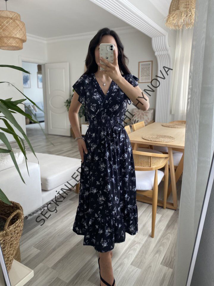 Kadın Kısa Kollu Kruvaze Yakalı Beli Lastikli çiçek Desenli Elbise