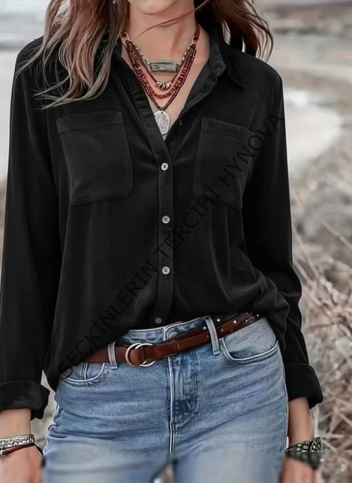 Kadın Uzun Kollu Yakalı önden Düğmeli Cep Detaylı Kadife Gömlek
