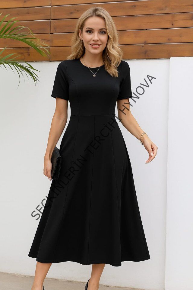 Kadın Kısa Kollu Bisiklet Yaka Maksi Boy Ithal Krep Elbise