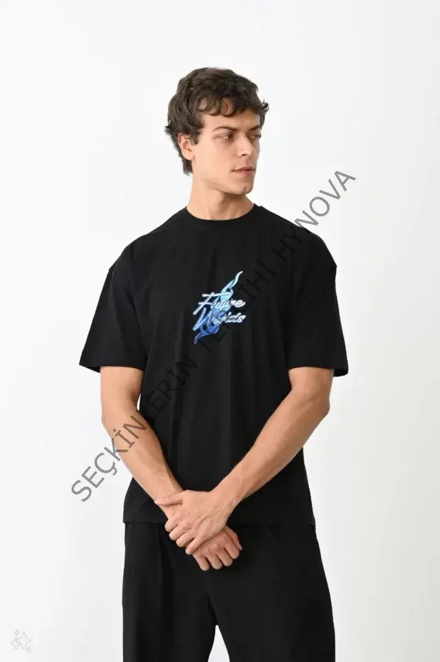 Unisex Bisiklet Yaka Baskılı Oversize T-Shirt - Siyah