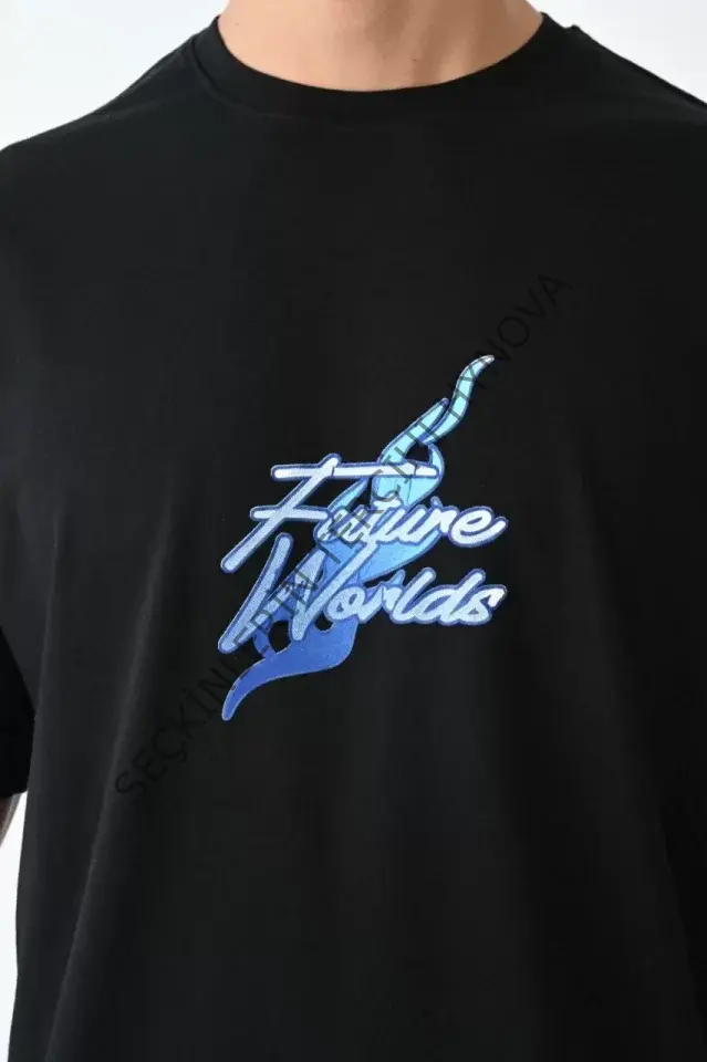 Unisex Bisiklet Yaka Baskılı Oversize T-Shirt - Siyah