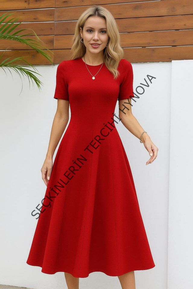 Kadın Kısa Kollu Bisiklet Yaka Maksi Boy Ithal Krep Elbise