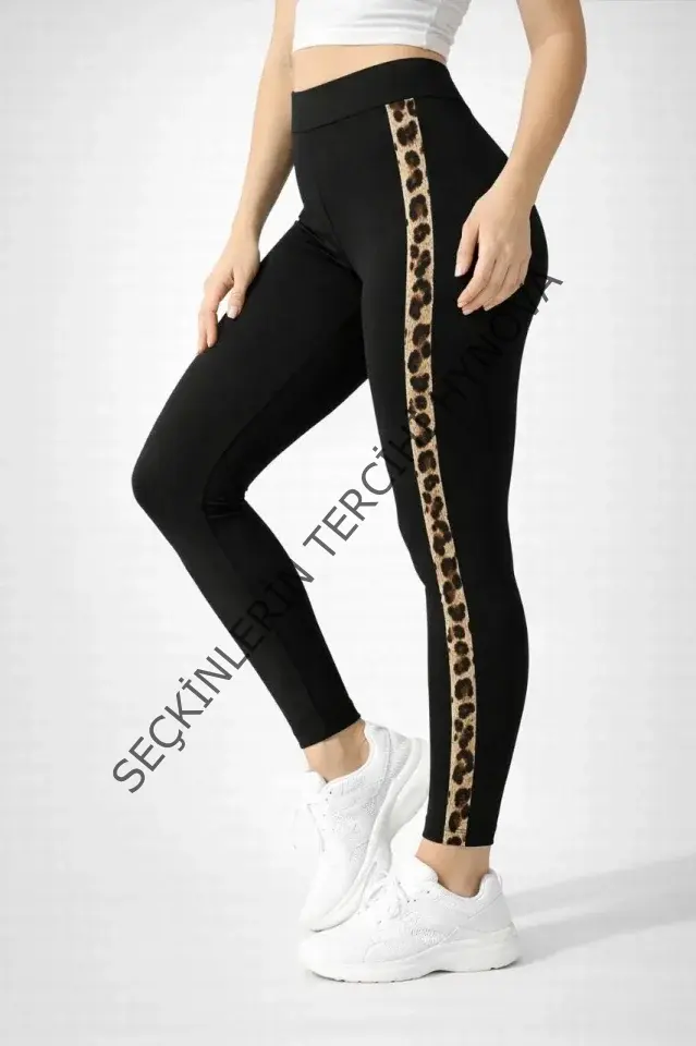 Likralı Yan Leopar Şeritli Detaylı Tayt - Siyah