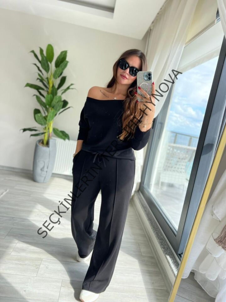 Kadın Uzun Kollu Tek Omuzdan Açık Modal Bluz Ve Pantolon Ikili Takım