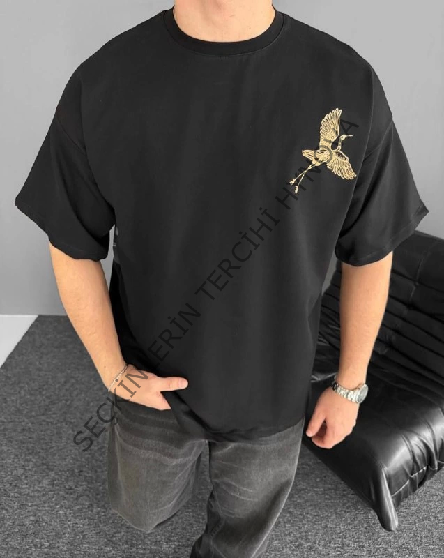 Ön Ve Arka Baskılı Oversize Bisiklet Yaka T-shirt - Siyah