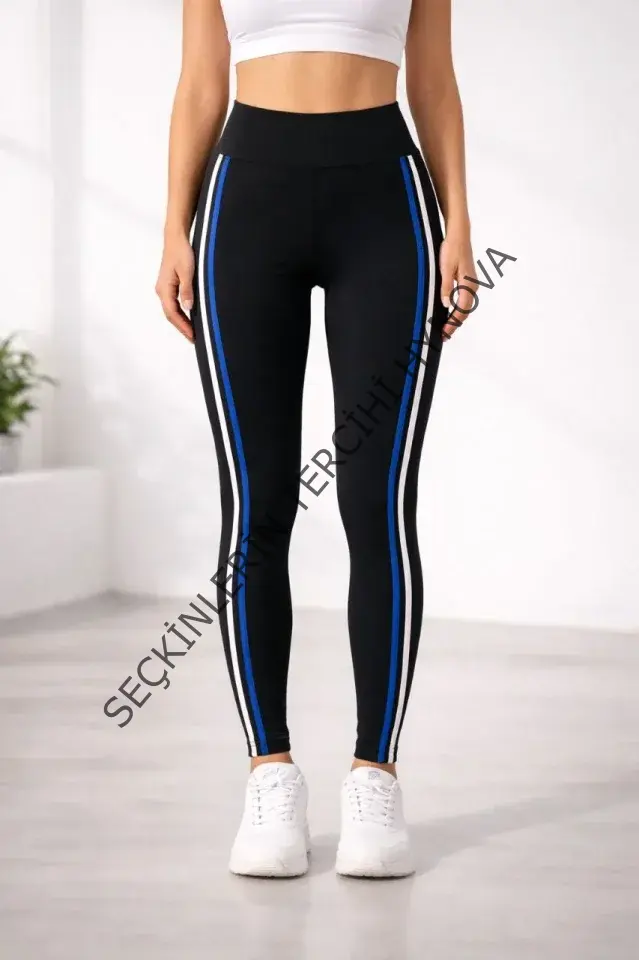 Likralı Yan Beyaz Mavi Şeritli Detaylı Tayt - Siyah