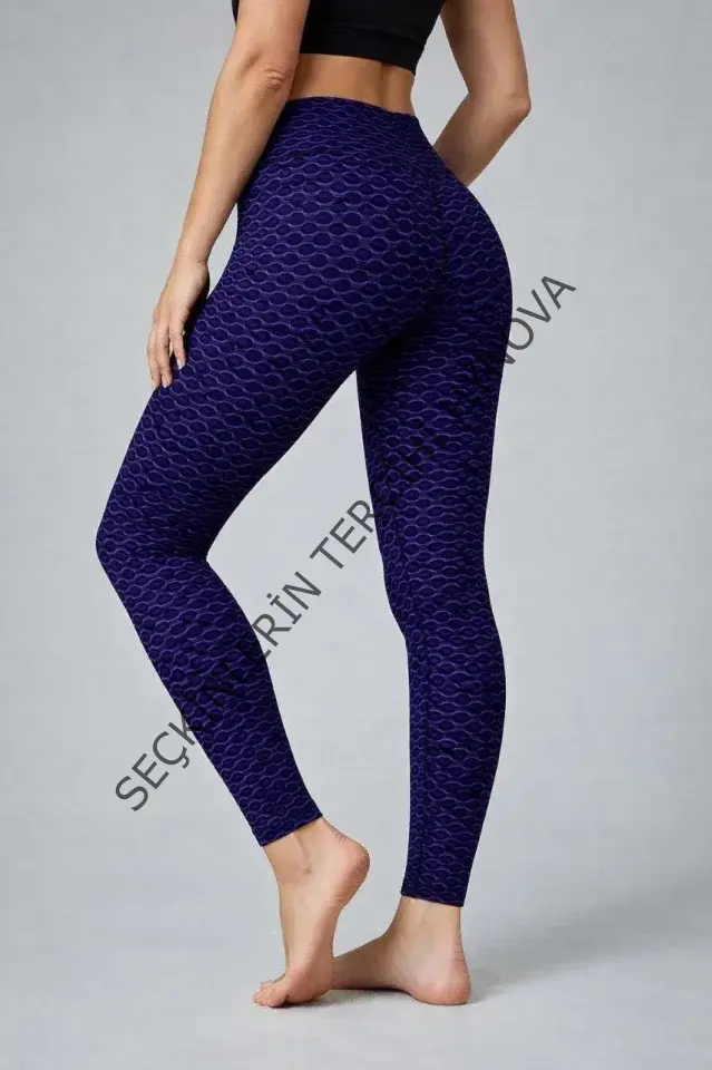 Yüksek Bel Toparlayıcı Likralı Büzgülü Tayt - Mavi