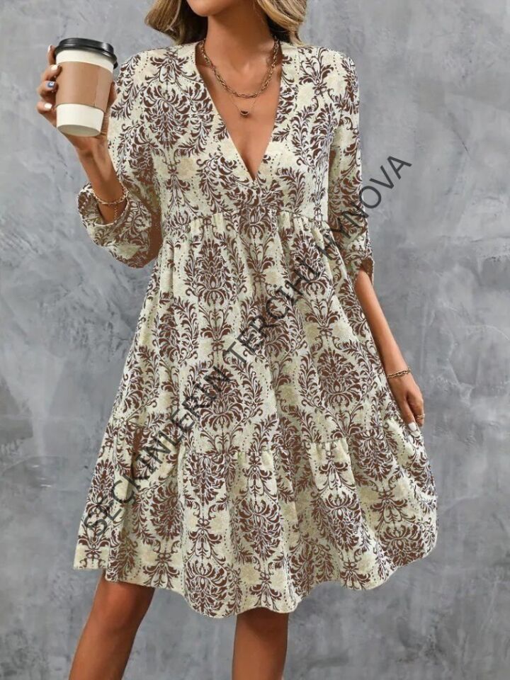 Kadın Uzun Kollu V Yakalı Fırfırlı Mini Süprem Elbise