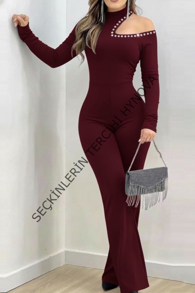 Kadın Tek Omuzdan Açık Balıkçı Yaka Taş Detaylı Uzun Ithal Krep Tulum