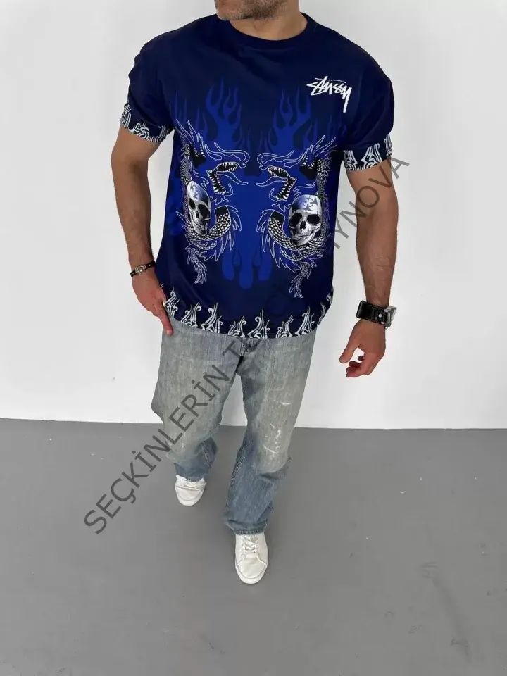 Unisex Bisiklet Yaka Baskılı Oversize T-Shirt - Lacivert