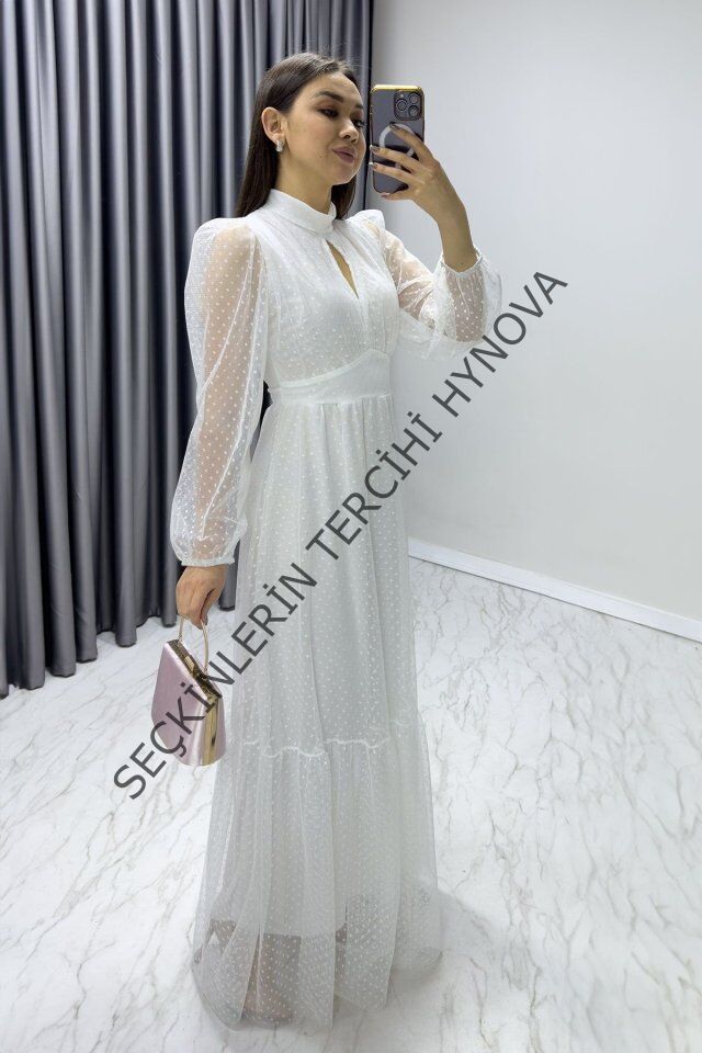 Kadın Damla Yaka Sırt Dekolteli Astarlı Tül Elbise