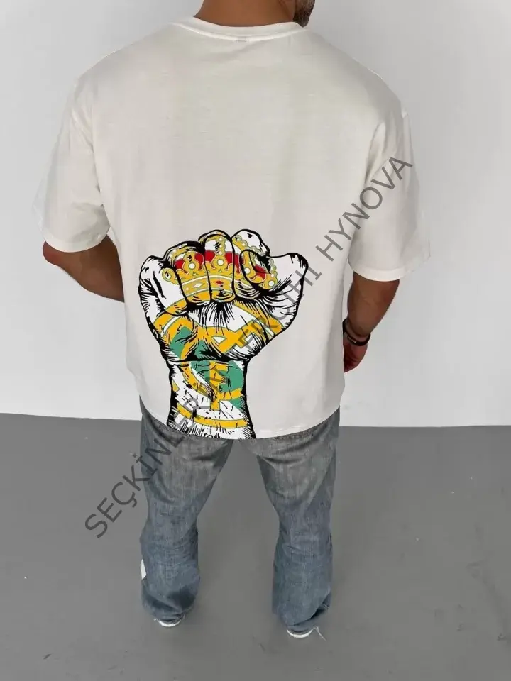 Unisex Bisiklet Yaka Baskılı Oversize T-Shirt - Beyaz