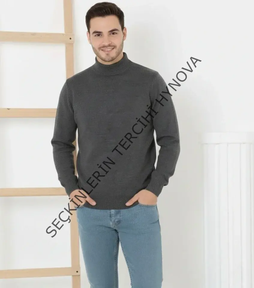 Erkek Yarım Boğaz Triko Kazak Yumuşak Dokulu Pamuklu Ince Dokuma, Uzun Kollu Rahat Regular Kalıp - Füme