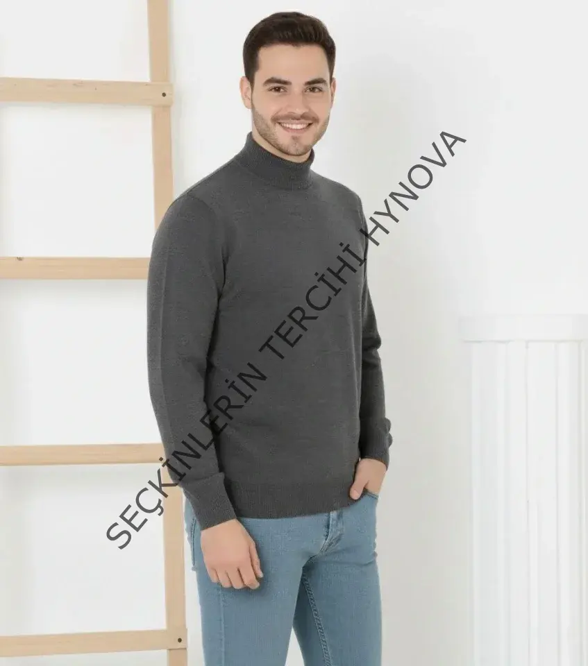 Erkek Yarım Boğaz Triko Kazak Yumuşak Dokulu Pamuklu Ince Dokuma, Uzun Kollu Rahat Regular Kalıp - Füme