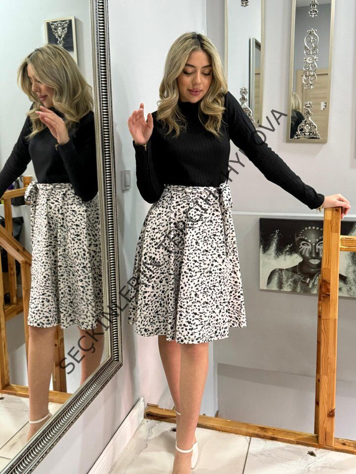 Kadın Uzun Kollu Balıkçı Yaka Belden Bağlamalı üst Kaşkorse Eteği Dalgıç Kısa Elbise