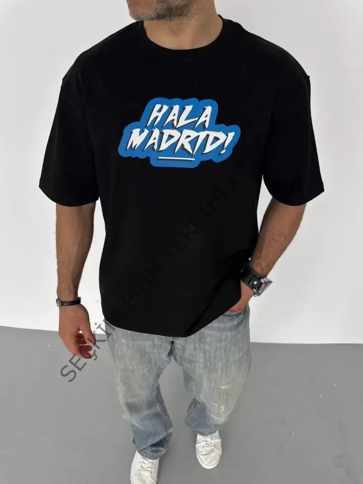 Unisex Bisiklet Yaka Baskılı Oversize T-Shirt - Siyah