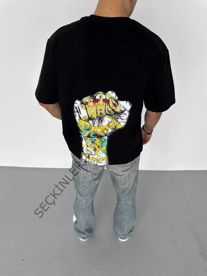 Unisex Bisiklet Yaka Baskılı Oversize T-Shirt - Siyah