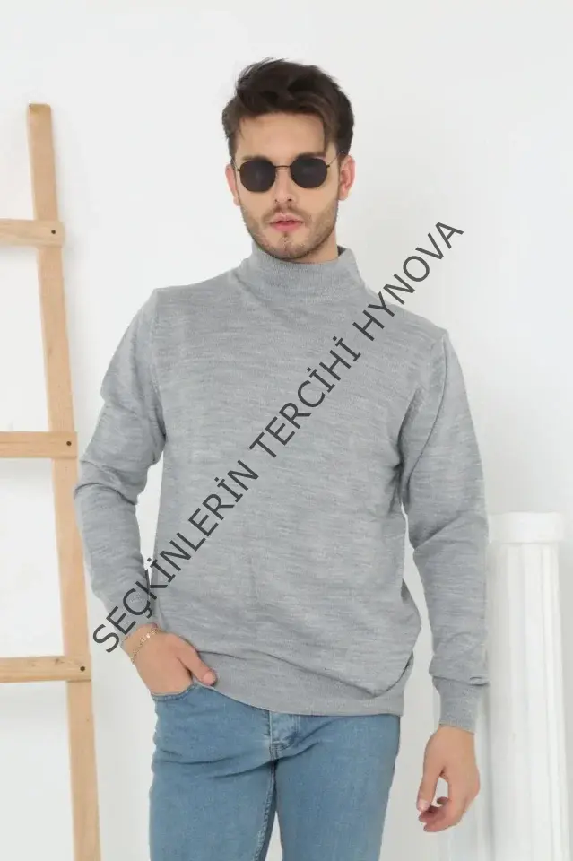 Erkek Yarım Boğaz Triko Kazak Yumuşak Dokulu Pamuklu Ince Dokuma, Uzun Kollu Rahat Regular Kalıp - Gri