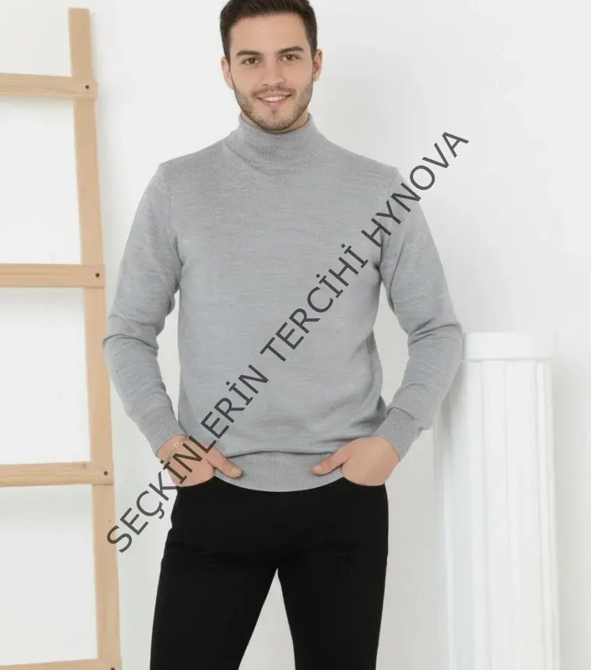 Erkek Yarım Boğaz Triko Kazak Yumuşak Dokulu Pamuklu Ince Dokuma, Uzun Kollu Rahat Regular Kalıp - Gri