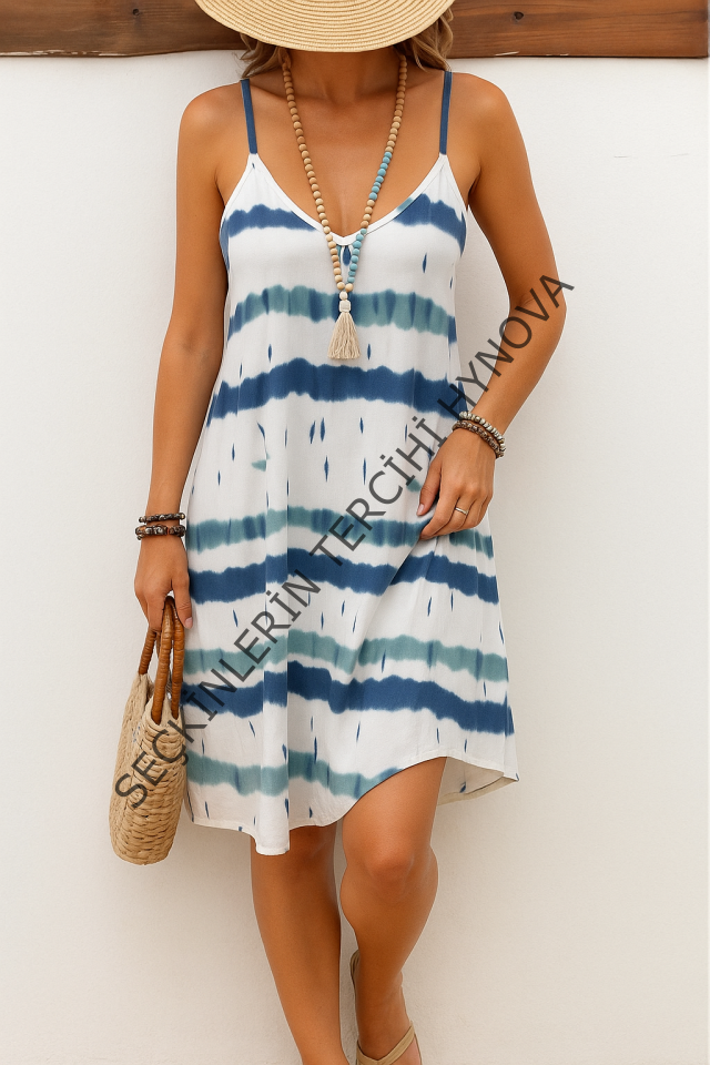 Kadın Ip Askılı V Yakalı Karışık Renkli Süprem Elbise