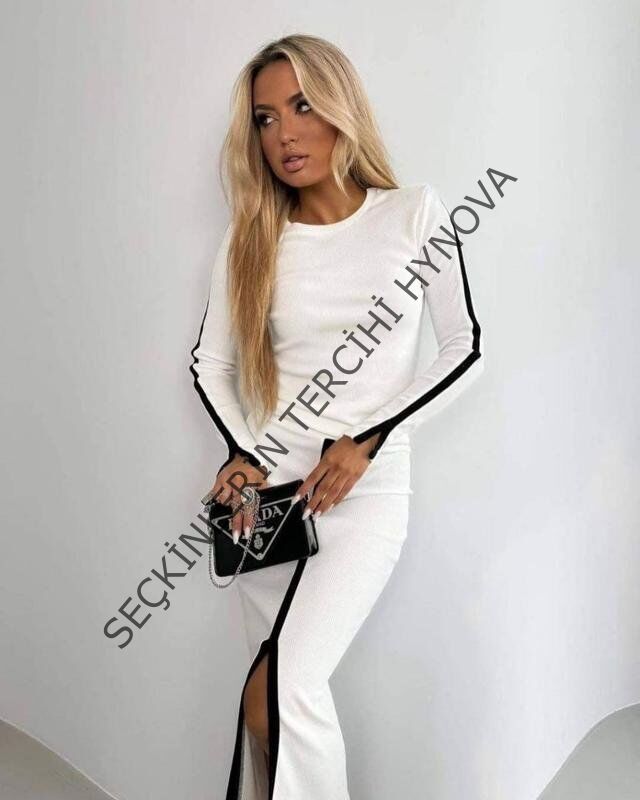 Kadın Uzun Kollu Bisiklet Yaka Kaşkorse Bluz Ve Yırtmaçlı Etek Ikili Takım