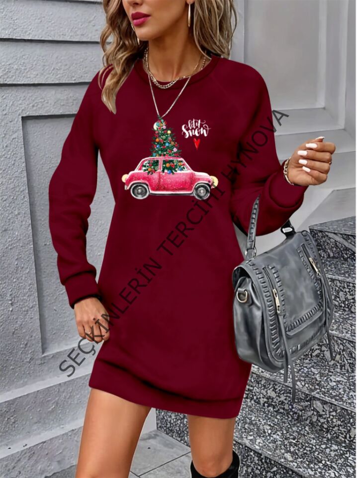 Kadın Uzun Kollu Bisiklet Yaka Desenli Viskon Iki Iplik Elbise