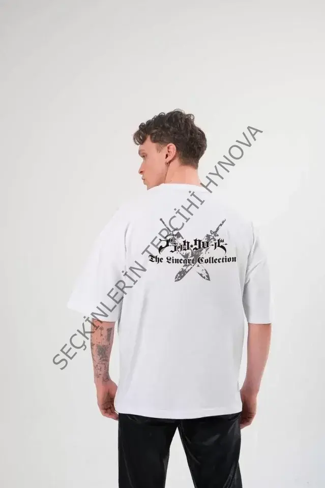 Unisex Bisiklet Yaka Baskılı Oversize T-Shirt - Beyaz