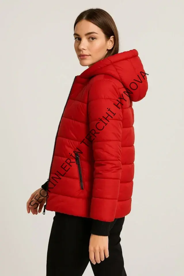 Şişme Kapüşonlu Fermuarlı Mont Su Itici Kapitone Astarlı Kumaş Cepli Kışlık Rahat Kalıp - Kırmızı