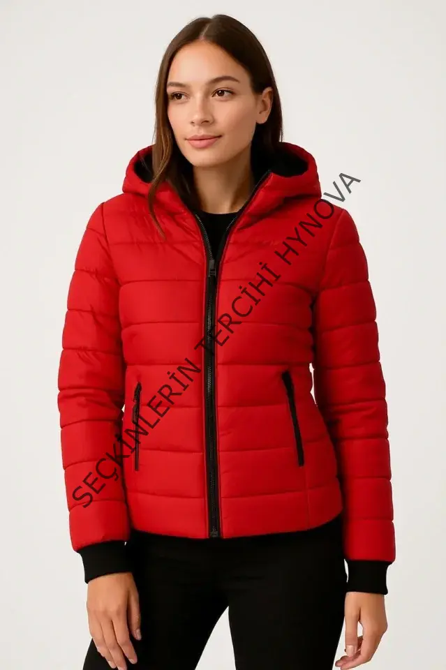 Şişme Kapüşonlu Fermuarlı Mont Su Itici Kapitone Astarlı Kumaş Cepli Kışlık Rahat Kalıp - Kırmızı