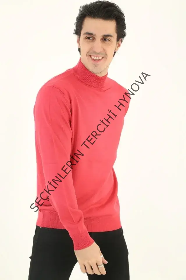 Erkek Yarım Boğaz Triko Kazak Yumuşak Dokulu Pamuklu Ince Dokuma, Uzun Kollu Rahat Regular Kalıp - Pembe