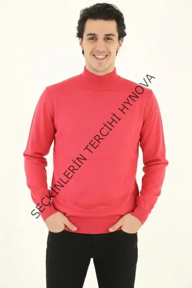 Erkek Yarım Boğaz Triko Kazak Yumuşak Dokulu Pamuklu Ince Dokuma, Uzun Kollu Rahat Regular Kalıp - Pembe