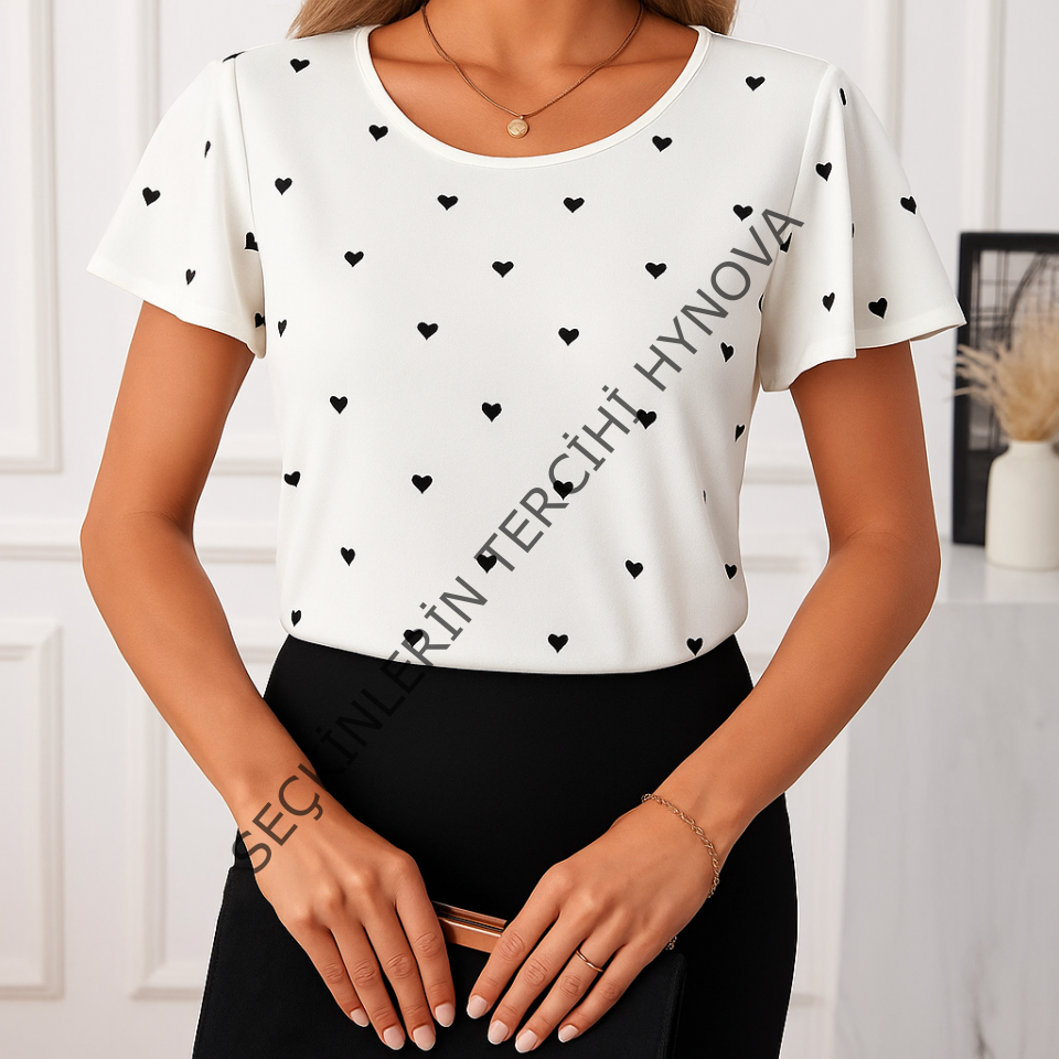 Kadın Kısa Kelebek Kollu Bisiklet Yaka Kalp Desenli Süprem Bluz