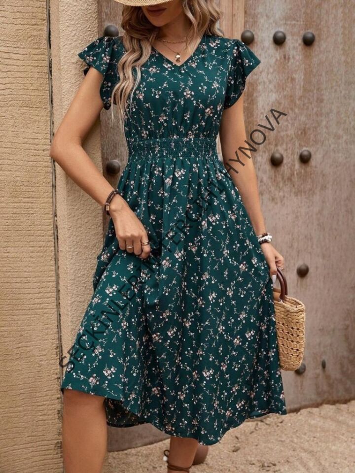 Kadın Kısa Kollu V Yakalı Beli Lastikli çiçek Desenli Süprem Elbise
