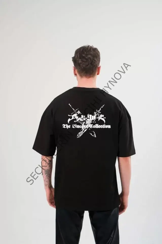 Unisex Bisiklet Yaka Baskılı Oversize T-Shirt - Siyah