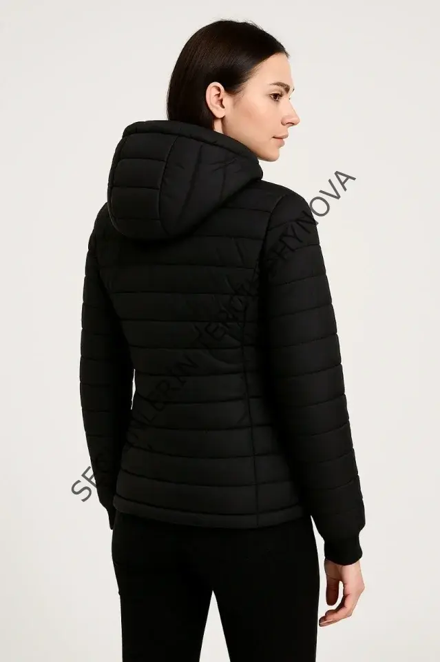 Şişme Kapüşonlu Fermuarlı Mont Su Itici Kapitone Astarlı Kumaş Cepli Kışlık Rahat Kalıp - Siyah