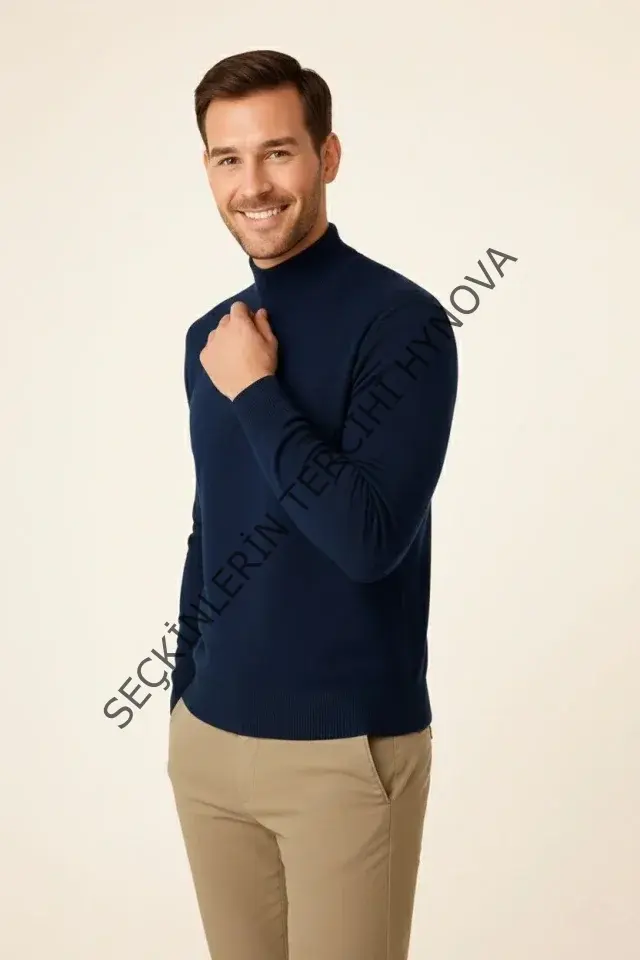 Erkek Yarım Boğaz Triko Kazak Yumuşak Dokulu Pamuklu Ince Dokuma, Uzun Kollu Rahat Regular Kalıp - Lacivert