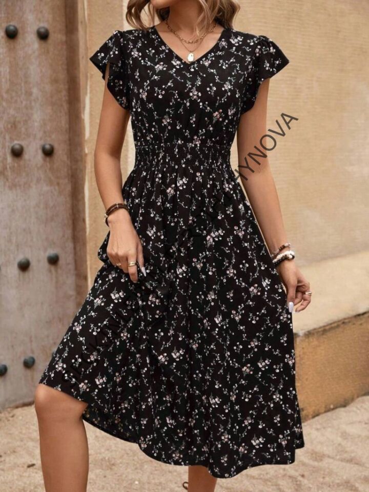 Kadın Kısa Kollu V Yakalı Beli Lastikli çiçek Desenli Süprem Elbise