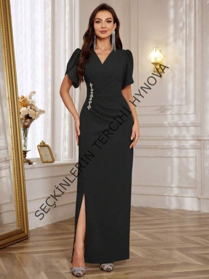 Kadın Kısa Kollu Kruvaze Yakalı Belden çiçek Aksesuarlı Yırtmaçlı Ithal Krep Elbise