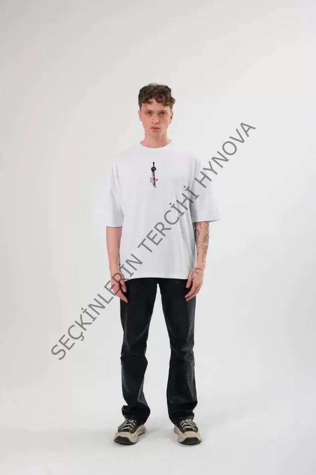 Unisex Bisiklet Yaka Baskılı Oversize T-Shirt - Beyaz