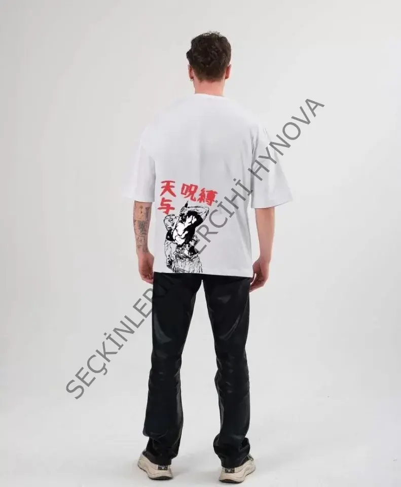 Unisex Bisiklet Yaka Baskılı Oversize T-Shirt - Beyaz