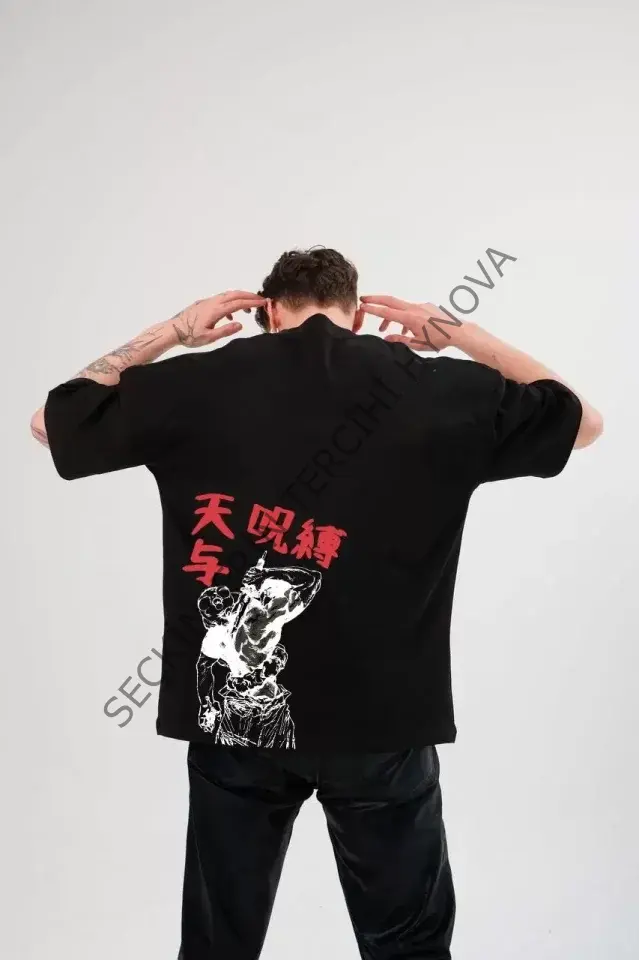 Unisex Bisiklet Yaka Baskılı Oversize T-Shirt - Siyah